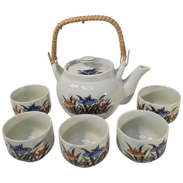 Vintage Japanese Kutani Tea Set Porcelain Teapot 5 Cups Bamboo Handle Iris