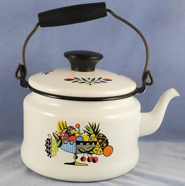 Vntg White ENAMEL TEA KETTLE Colorful Fruit Bowl Decoration Wire & Wood Handle