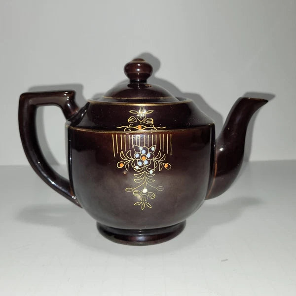Vintage Moriage Style Teapot Redware Brown Raised Enamel Hand Painted Japan