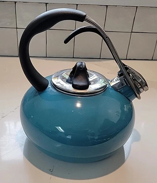 VTG Chantal Aquamarine Blue Turquoise Enamel on Steel Whistling Tea Pot Kettle