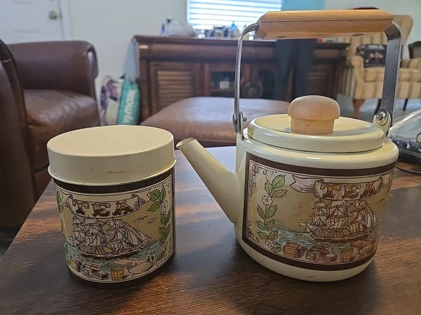 Vintage Beige Enamel Wear  Tea Pot & Tea Can Kettle Wood Handles, Sailboat 5"