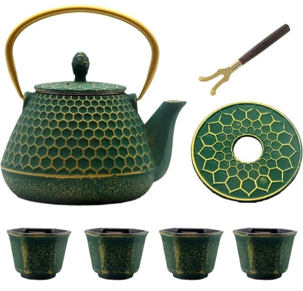 Cast Iron Tea Kettle Set 33.8oz Hexagon Pattern Teapot Set w cups green enamel