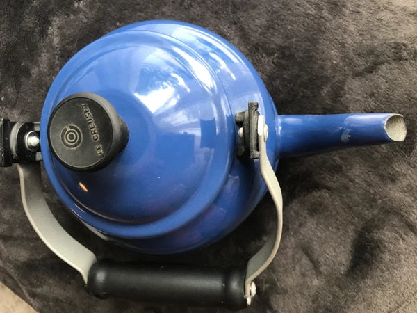 Vintage Le Creuset 1.25 Quart Blue Enamel Metal Tea Kettle Teapot w/Flip Handle