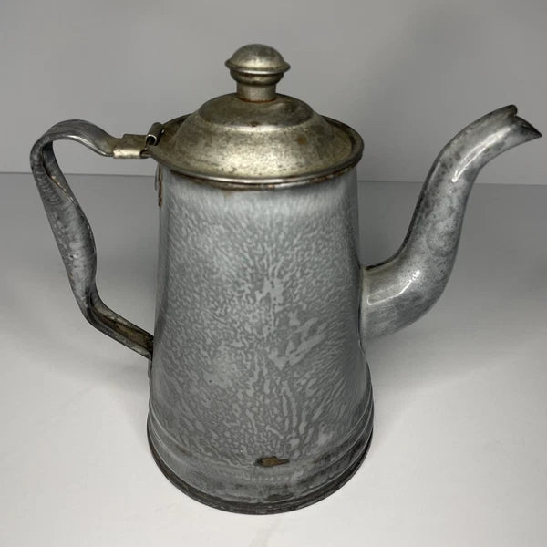 Grey Mottled Enamelware Gooseneck Hinged Coffee Tea Pot Antique Spatterware GUC
