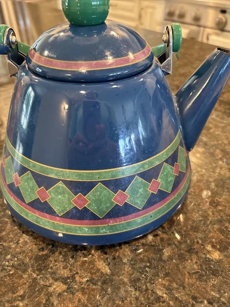 Phalzgraph Enamel Tea Pot 10" Tall 8" Diameter Blue with Green Diamonds