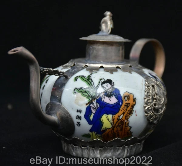 6" Old Chinese Copper Enamel Porcelain Dynasty Beauty Belle Teapot Kettle Statue
