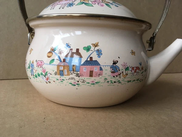 Vintage Enamelware Teapot w/Dutch Farm Scene & Wooden Handle, 9" Ht, 7 1/8" Diam
