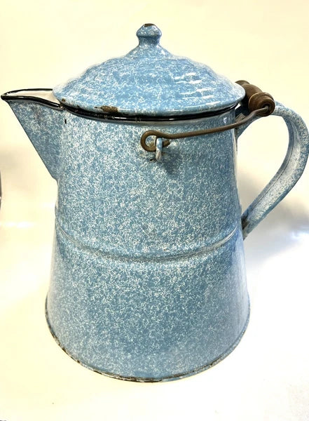 Large Granite Ware Enamel Ware  Blue White Splatter Swirl Teapot Vintage